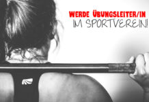 Frau mit Hantel auf den Schultern von hinten, Text: „Werde Übungsleiter/in im Sportverein!“ in Rot/Schwarz