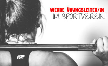 2 Fortbildungen im KTV Rendsburg-Eckernförde: Gerätturnen im wettkampforientierten Breitensport und Leistungssport Frau mit Hantel auf den Schultern von hinten, Text: „Werde Übungsleiter/in im Sportverein!“ in Rot/Schwarz