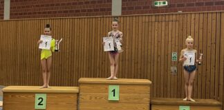 Siegerehrung Rhytmischen Sportgymnastik mit Athletinnen auf Podest