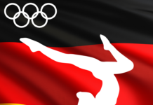 Deutschland Fahne mit Olympia Symbol und Turnerin