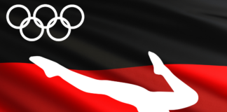 Deutschland Fahne mit Olympia Symbol und Turnerin