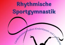 Plakat für einen Gymnastik-Wettkampf am 29.6.2025 mit Tänzerin und Band-Silhouette
