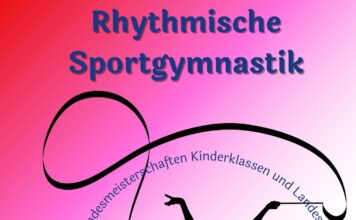 Plakat für einen Gymnastik-Wettkampf am 29.6.2025 mit Tänzerin und Band-Silhouette