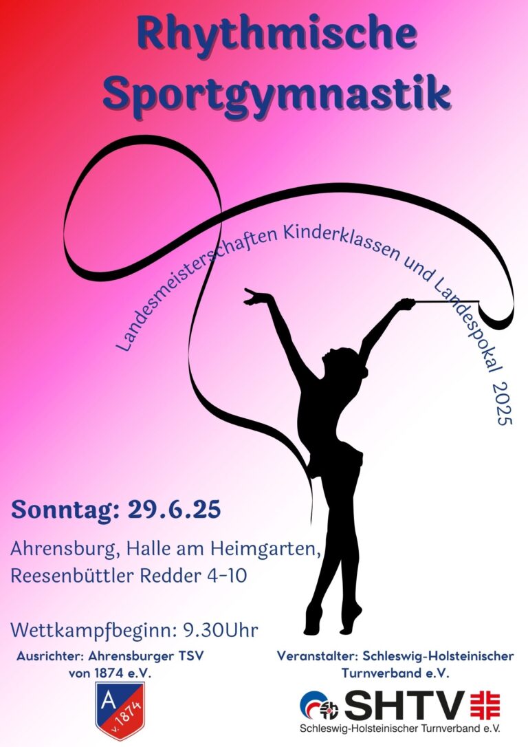 Plakat für einen Gymnastik-Wettkampf am 29.6.2025 mit Tänzerin und Band-Silhouette