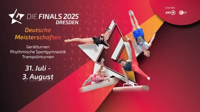 Ein Plakat für die "Finals 2025" in Dresden mit verschiedenen Turnwettbewerben.