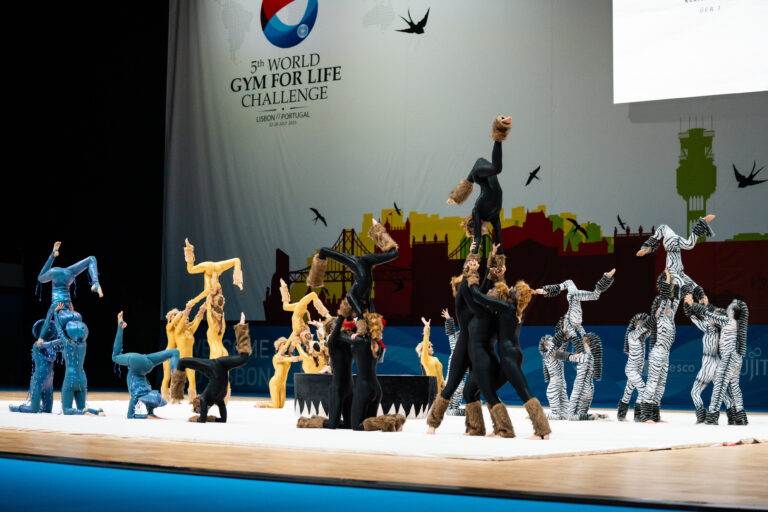 Akrobaten in bunten Kostümen zeigen eine Show auf der Bühne.
