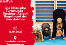 Plakat für eine klassische Turnstunde am 18.10.2025 in Trappenkamp mit Teilnehmern beim Dehnen.