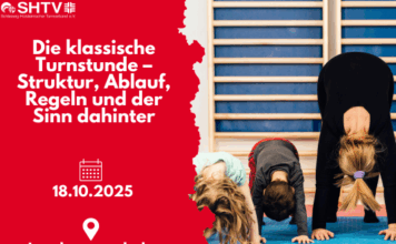Plakat für eine klassische Turnstunde am 18.10.2025 in Trappenkamp mit Teilnehmern beim Dehnen.